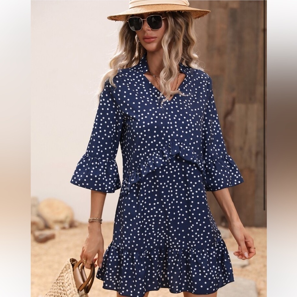 SHEIN Navy/White Polka Dot Print Flounce Sleeve Ruffle Hem Smock Dress - Picture 1 of 13